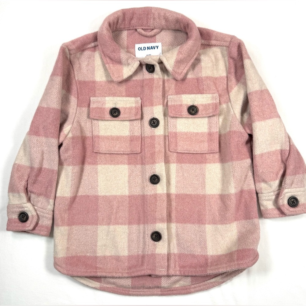 OLD NAVY Girls Plaid Fleece Shacket XS Cozy Pink Check Button Up